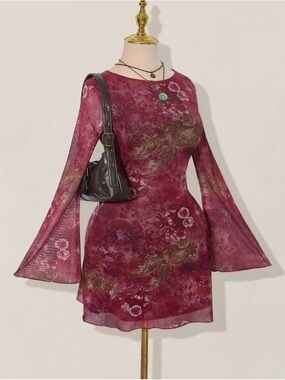 Women's Burgundy Floral Mesh Bell-Sleeve Mini Dress